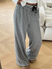 Aloruh Pantalones largos casuales de mujer con rayas y nudo delantero - Blanco y Negro - Ver 6