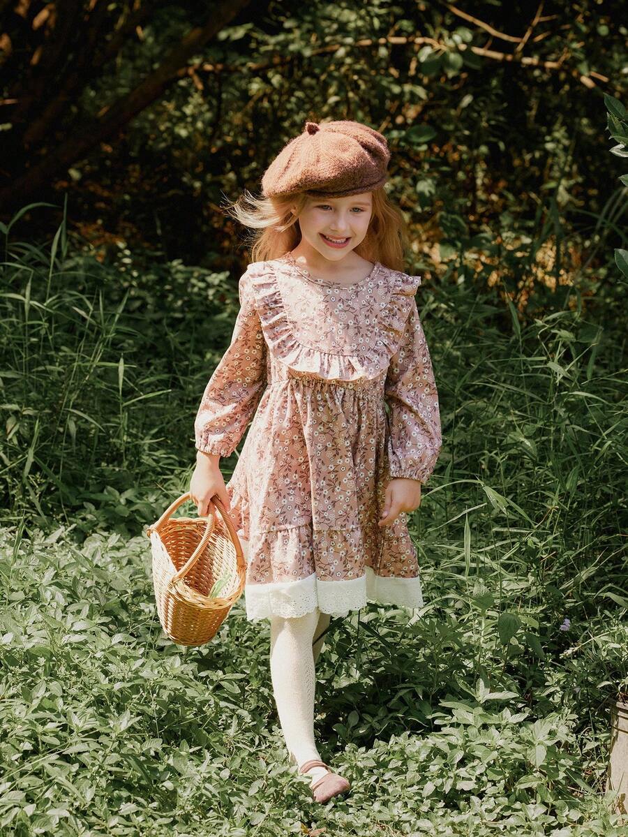 Vintaside Kids Girls' Pink Ditsy Floral Dress,Round Neck Long Sleeve Ruffled Fresh Casual Outfit For Birthday Photoshoot,Holiday,Autumn,Vacation & Daily Leisure - Brown - View 1