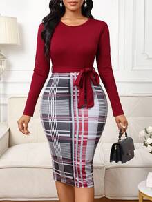 SHEIN Lady Women's Round Neck Long Sleeve Plaid Belted Waist Fitted Elegant Mid-Length Dress - Red - View 7
