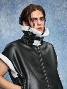 ROMWE MEN Street Life Chaleco con cremallera de forro polar con ribete de contraste para hombre, de moda para otoño/invierno - Negro - Ver 8