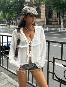 Coolane 女式夏季波西米亚风 Y2K 节日外出度假亚麻荷叶边 V 领衬衫 - 米色 - 查看 5