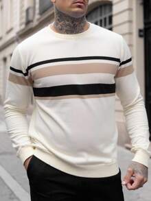 Manfinity Homme 男士条纹印花圆领休闲百搭长袖套头毛衣，秋冬款 - 杏色 - 查看 4