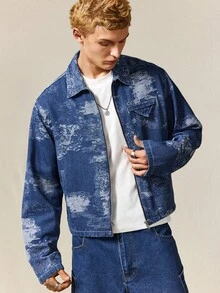 ROMWE MEN Street Life Men's Casual Fashion Street Full Print Zip-Up Denim Jacket, Spring/Autumn - Blue - View 4