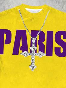 Camiseta de manga corta con cuello redondo con estampado gráfico de texto clásico de París, estilo minimalista casual para niño preadolescente, adecuada para verano, otoño/invierno