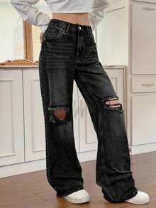 SHEIN EZwear Casual Washed Distressed Straight Leg Jeans - Black - View 3