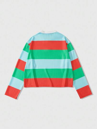 Street Life Men's Loose Fit Preppy Long Sleeve Striped Star Pattern Polo Shirt, For Fall