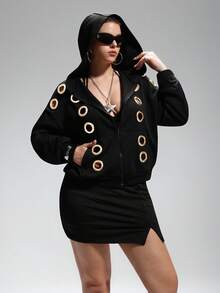 LYSMO Plus Size Metal Eyelet Design Black Sweatshirt, Fashion-Forward For Autumn/Winter - Multicolor - View 1