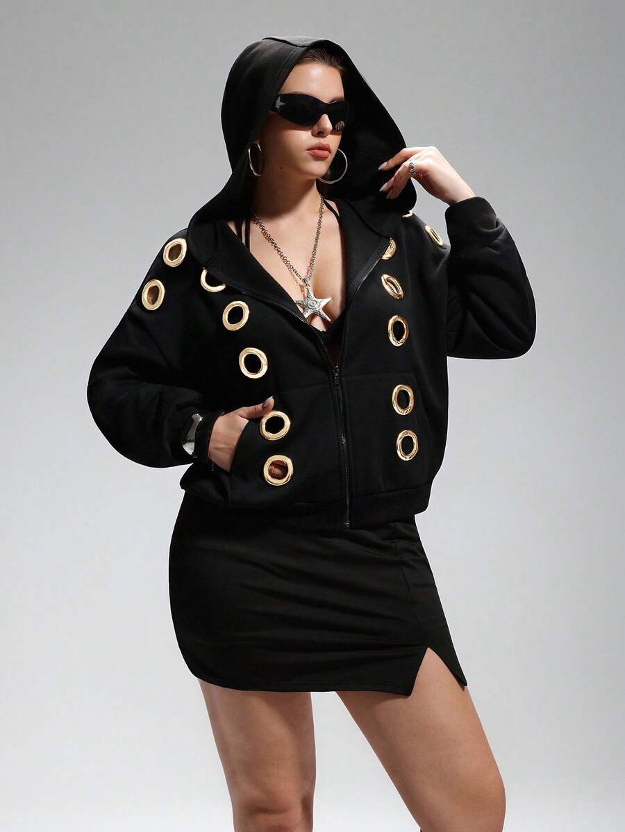 LYSMO Plus Size Metal Eyelet Design Black Sweatshirt, Fashion-Forward For Autumn/Winter - Multicolor - View 1