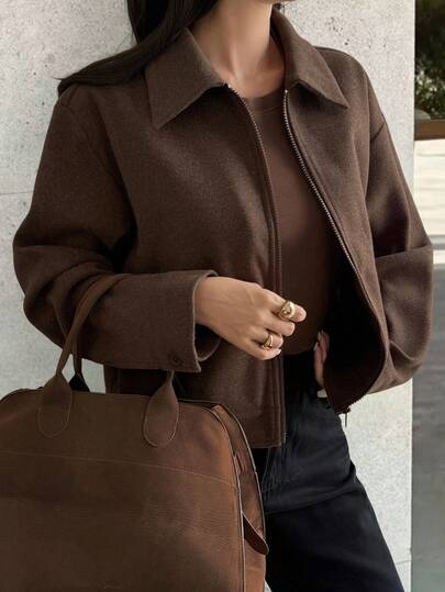 Livesso 女士宽松羊毛混纺夹克，休闲商务风格，大口袋，纯棕色，适合办公室穿着、户外穿着、秋冬穿着