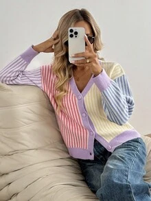 SHEIN LUNE Gestreifter V-Ausschnitt Knopfverschluss Lässig Langarm Strickjacke für Frauen, Sommer Strickjacke für Frauen, gestreifte Strickjacke für Frauen, bunte Strickjacke für Frauen, Strickjacke für Frauen Herbst Winter Kleidung für Frauen - Verschiedenfarbig - Übersicht 4