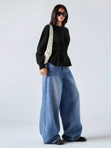 LYSMO Damen Einfarbig Rundhals Langarm Taille Krawatte Lässig Pullover, Herbst/Winter, Drop-Shoulder