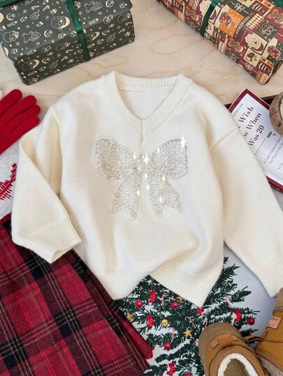 DAZY 女童 V 领套头衫，带蝴蝶结和亮片装饰，年轻女孩秋季服装