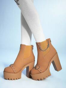 Sugerpunk 女式哥特式金属链扣圆头粗跟厚底朋克靴，PU 皮革棕色高跟靴，适合派对、日常穿着、晚礼服，增高修腿 - 駝色 - 查看 5