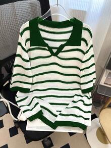 GlowEve CURVE 大码女式条纹 Polo 领短袖宽松休闲针织上衣，秋季 - 綠色 - 查看 1