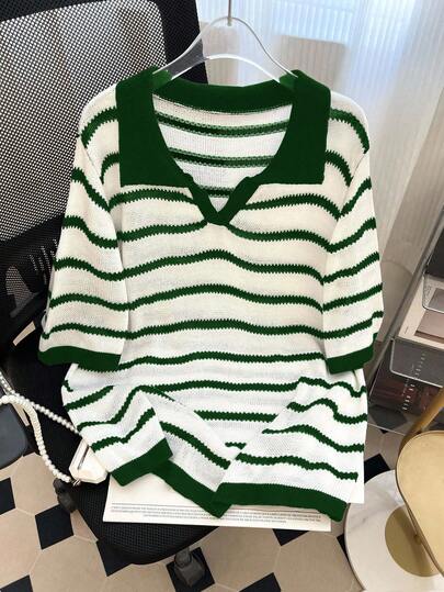 GlowEve CURVE 大码女式条纹 Polo 领短袖宽松休闲针织上衣，秋季