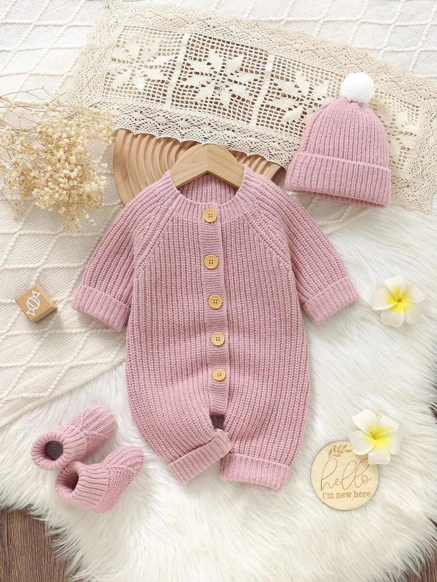 SHEIN 3er Set! Baby Romper + Neugeborenen Schuhe + süßer Hut, minimalistischer Lässig Stil, mühelos chic Baby Outfit, praktisch und wirtschaftlich - Pink - Übersicht 1