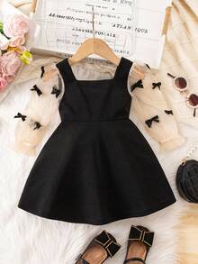 2pcs Mommy And Me Matching Outfits, Cute & Elegant Color Block Bowknot Long Sleeve Dress For Baby Girl (Sold Separately) Elegant Black Dress For Toddler Black Elegant Dress For Toddler Baby Black Elegant Dress Baby Elegant Dress Party Black Mom Daughter Matching Dress