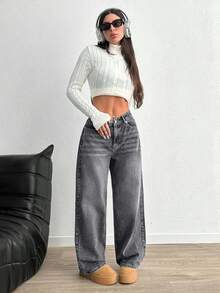 EURMUSE 高腰阔腿 Y2K 风格小码牛仔裤 - 灰色 - 查看 6