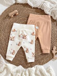 Loomiva 2pcs/Set Newborn Baby Boy/Girl Cartoon Animal Pattern Knitted Soft Elastic Waist Pants Set Graphic