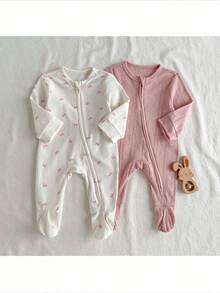 Loomiva Newborn Baby 2pcs/Set Solid Color&Butterfly Print Zip-Up Long Sleeve Jumpsuit Zipper Girl Zip Up Bow Fall Winter - Pink - View 6