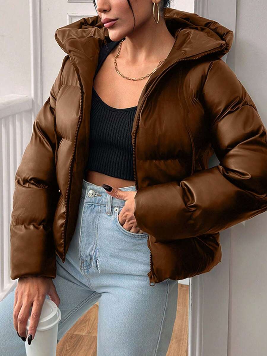 EURMUSE Women's Solid Color Long Sleeve Zipper Front Casual Hooded Winter Jacket - Brown - View 1