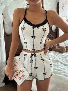 CottageSlumber 女士黑色蝴蝶结印花蕾丝边提花针织吊带背心和短裤睡衣套装 - 白色 - 查看 6