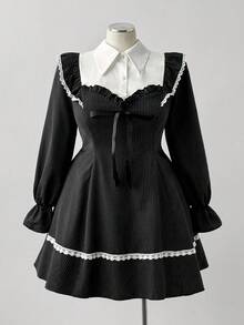 Sunspun Elegantes Herbst/Winter Collegemode süßes gestreiftes Patchwork Design Prinzessinnenkragen Puffärmel Spitzenbesatz Taille gerafft ausgestellter Saum Kleid für Frauen