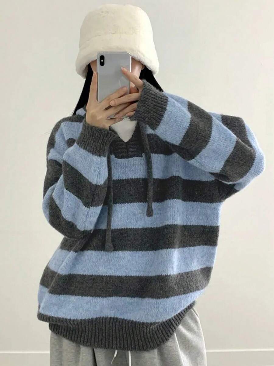 DAZY 女式复古条纹连帽毛衣，宽松设计厚实柔软套头衫，秋冬