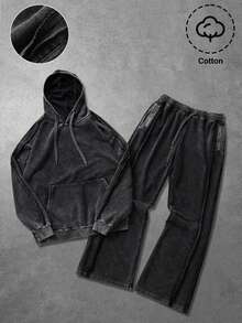 PAVTROS 男士街头风极简连帽衫和运动裤两件套，棉质面料，做旧酸洗效果，宽松休闲套装，适合日常穿着、休闲、时尚、街头风格，是节日送礼佳品。男士连帽衫套装，男士两件套，男士休闲套装，男士服装套装，两件套，男士街头风，秋季 - 黑色 - 查看 1