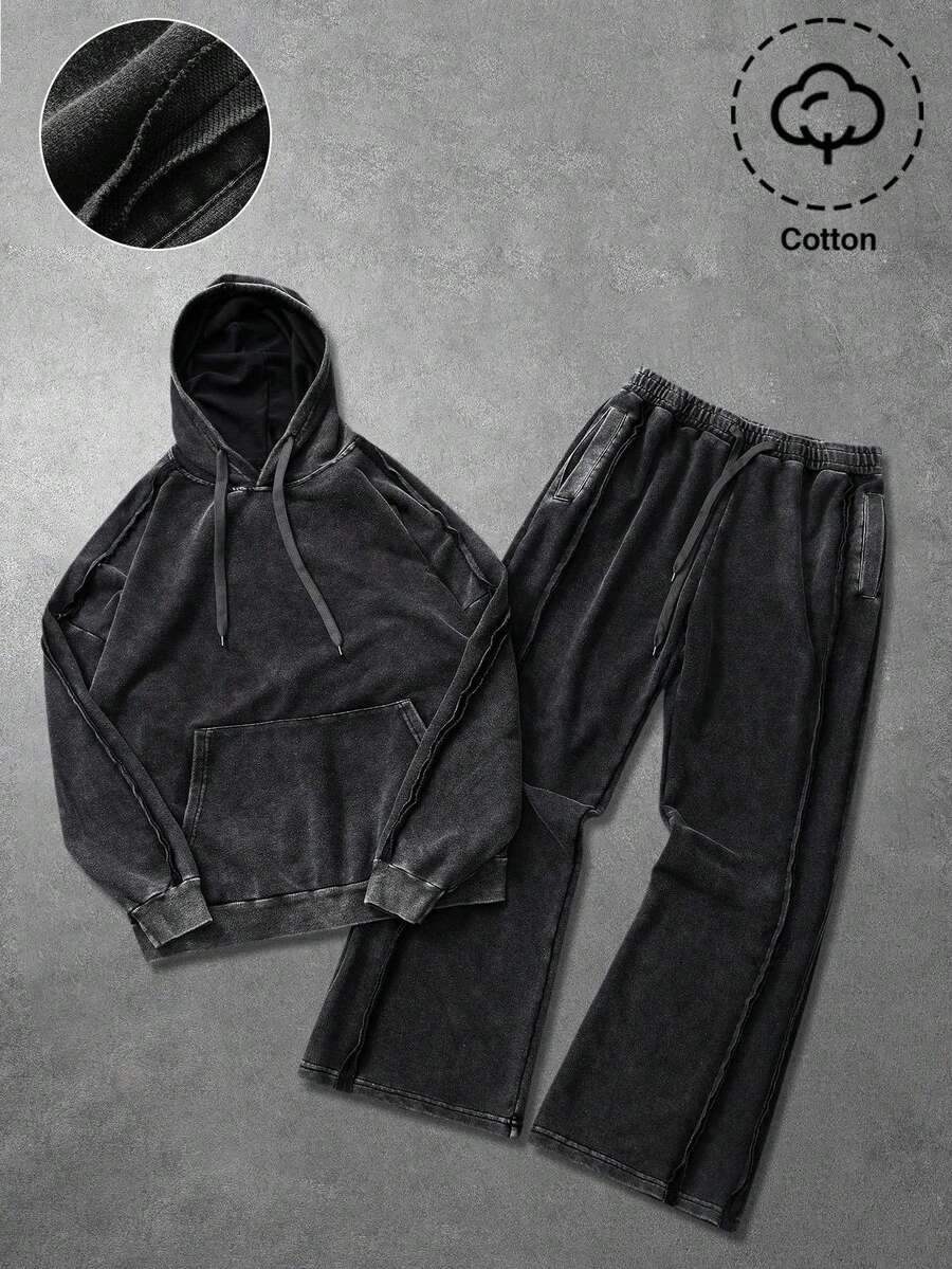 PAVTROS 男士街头风极简连帽衫和运动裤两件套，棉质面料，做旧酸洗效果，宽松休闲套装，适合日常穿着、休闲、时尚、街头风格，是节日送礼佳品。男士连帽衫套装，男士两件套，男士休闲套装，男士服装套装，两件套，男士街头风，秋季 - 黑色 - 查看 1