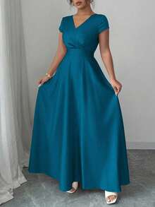 Elenzga Vestido largo elegante y romántico con cuello en V, manga corta, cintura plisada y línea A para mujer de talla grande. Adecuado para banquetes, fiestas, invitados de boda, atuendo de hermandad, con un suave brillo satinado.