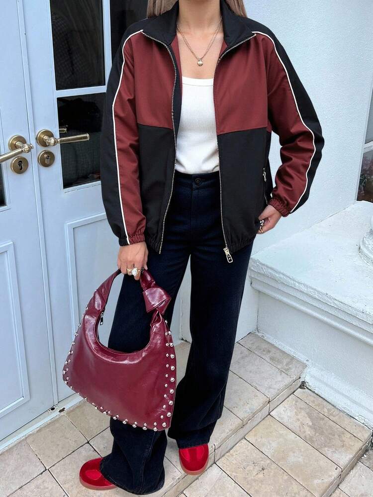Women's Autumn Contrast Color Zipper Collar Casual Regular Jacket Women Coats