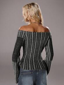 TRNVIE Jersey ajustado con hombros descubiertos y estampado floral para mujer, otoño/invierno - Gris Oscuro - Ver 2