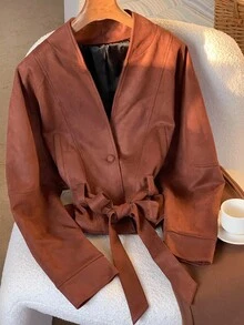 Comfortcana Women's Solid Color Waist Belt Casual Long Sleeve Regular Jacket Brown Blazer Women Brown Blouses Brown Jacket Coffee Brown Top Autumn Winter Clothes For Women - Brown - View 3