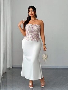 Elenzga Top bustier de encaje floral de talla grande, moda ajustada para vacaciones - Blanco - Ver 5