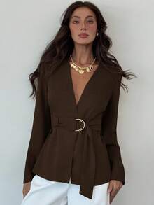 Aloruh Women's Solid Color Ring Decor Fitted Elegant Long Sleeve Blazer Autumn Winter Clothes For Women - Brown - View 6