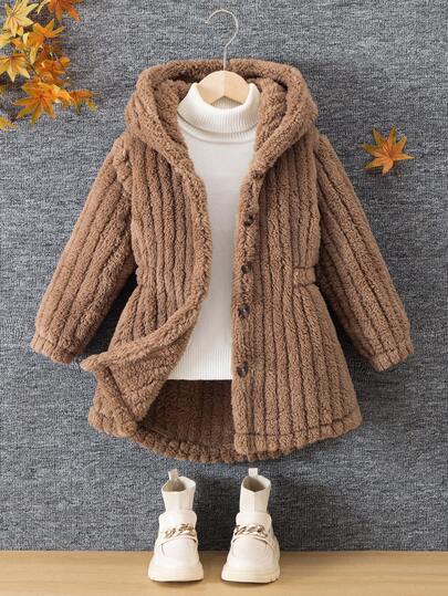 Elladie kids 1 件女童经典街头风连帽长袖毛绒夹克