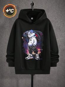 SHEIN 青少年男童黑色卫衣，卡通兔子印花，休闲舒适，时尚百搭，面料柔软，适合日常穿着、上学、郊游、户外活动、秋冬季节穿着，也适合派对等场合。图案卫衣，男童动漫服装，男童动漫卫衣，男童图案卫衣，运动套装，慢跑服，圣诞节服装 - 黑色 - 查看 5