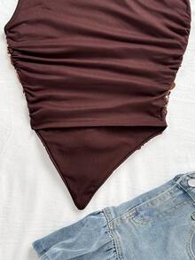 Soleia 女式不对称下摆不对称肩上衣，休闲度假、海滩、婚礼宾客、毕业早午餐、圣帕特里克节、春假、复活节、音乐节、优雅波西米亚热带派对、亮片装饰、棕色、情人节 - 咖啡棕 - 查看 6