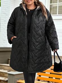 SHEIN CURVE+ Veste d'hiver casual à capuche avec doublure chaude pour femmes grande taille, convient pour l'hiver, vêtements en coton pour femmes grande taille - Noir - View 3