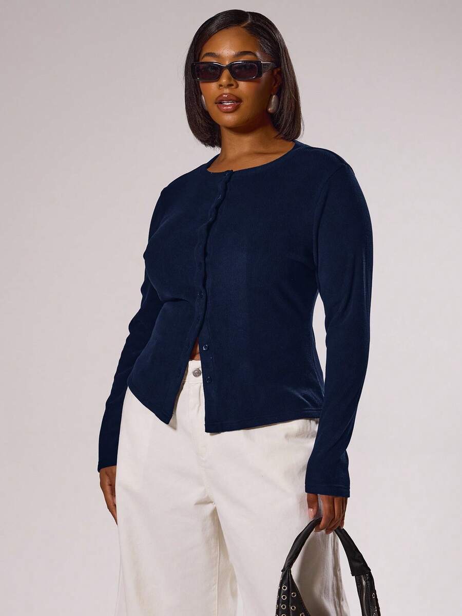 MUSERA Plus Size Button Down Fitted Long Sleeved Top   Elegant Classy Vacation Holiday Cute Holiday Romantic 90's Y2k  Festive, Holidays - Navy Blue - View 1