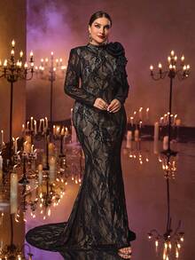 Glamrae Váy đen thanh lịch cỡ lớn thêu sequin màu sâm panh, cổ đứng, tay dài, dáng đuôi cá có đuôi, thích hợp cho các buổi lễ kỷ niệm, tiệc tùng, đám cưới, sự kiện trang trọng - màu đen - Xem 7