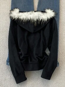 Glimmora 女式拉链修身连帽夹克，带毛茸茸饰边 - 黑色 - 查看 2