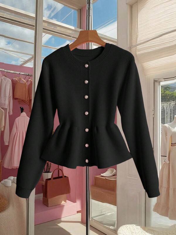 Franclia Women's Elegant Fashion Minimalist Versatile Round Neck Ruffle Hem Waist Fitted Cardigan Sweater, Autumn/Winter