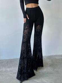 Firerie Women's Summer New Flocked Lace Elegant Vacation Graduation Music Festival Party Sexy Street City Black Low-Waist Lace Patchwork Sheer Fitted Flare Pants