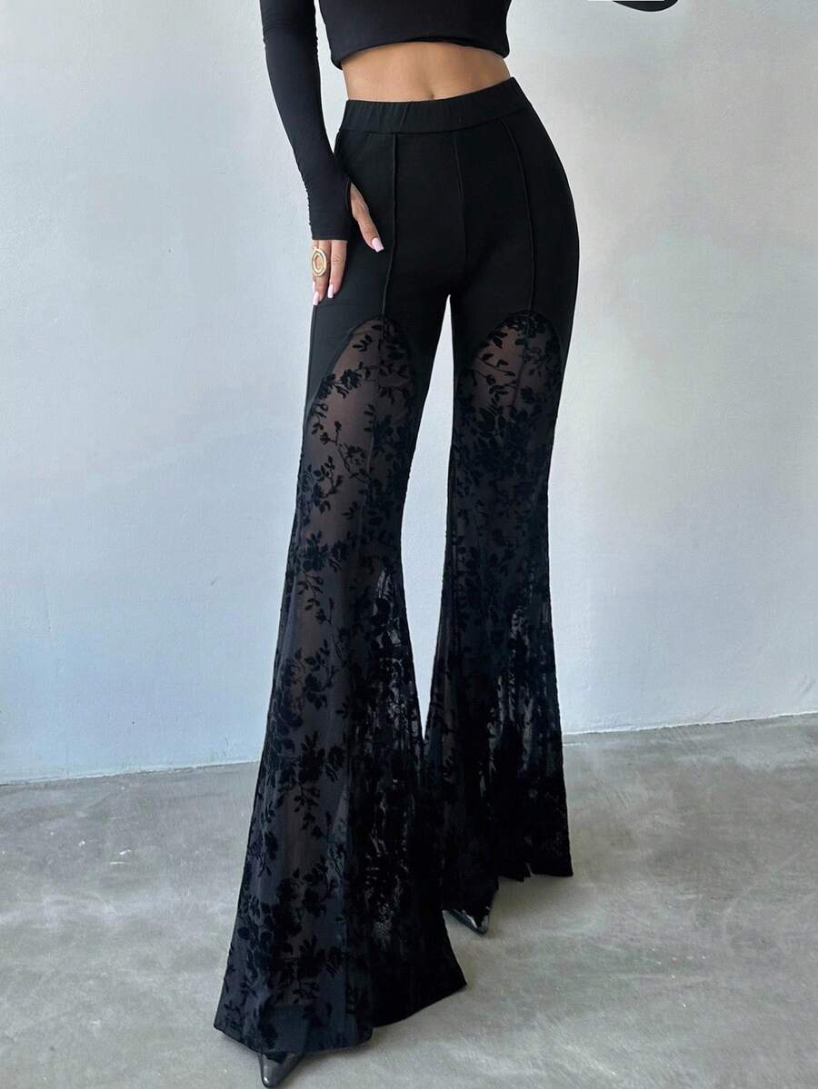 Firerie Women's Summer New Flocked Lace Elegant Vacation Graduation Music Festival Party Sexy Street City Black Low-Waist Lace Patchwork Sheer Fitted Flare Pants