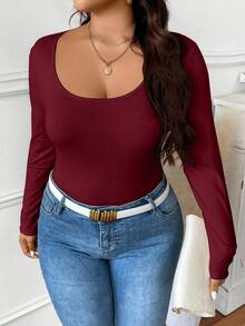 Elenzga T-shirt décontracté ajusté à manches longues et col rond, couleur unie, grande taille pour femmes - Rouge foncé - Voir 4