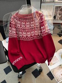 Franclia Áo len cổ tròn tay dài họa tiết bông tuyết dáng rộng thoải mái cho nữ, mùa thu/đông - Màu Đỏ Sâu - Xem 4