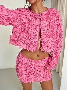 SHEIN BAE 秋冬纯色粉红玫瑰3D花朵装饰女式低腰迷你裙，优雅秋季3D花朵裙 - 粉色 - 查看 3