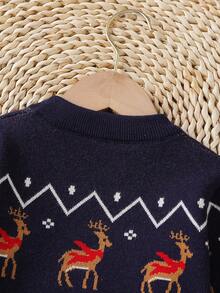 2025新款男童毛衣，秋冬新款，时尚藏蓝色卡通圣诞长袖提花套头衫，可爱打底针织衫，适合节日穿着，8岁男童圣诞毛衣，圣诞宝宝，男童学院风 - 藏蓝色 - 查看 4
